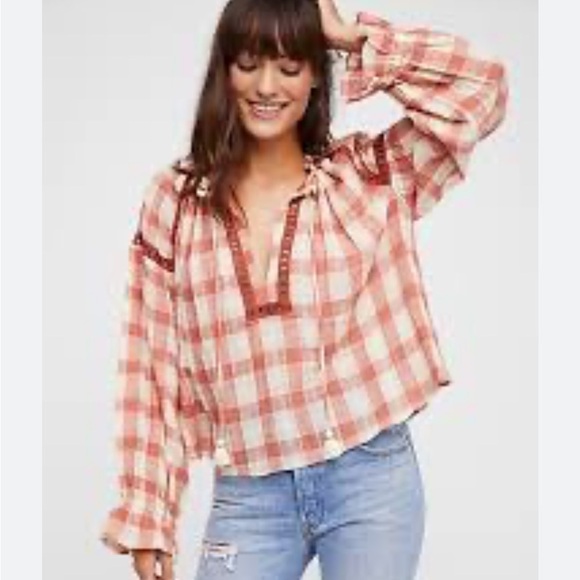 Free People Honey Grove peasant topsmall 100% cotton top small checked - Picture 2 of 4
